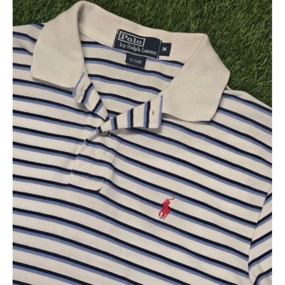 Rare 90s Vintage Polo Ralph Lauren Shirt Mens Medium White Blue Striped Polo